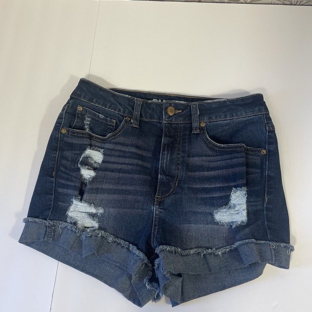 Blue Spice High Waist Distressed Denim Shorts Cuffed Raw Hem Size 7 Dark‎ Wash